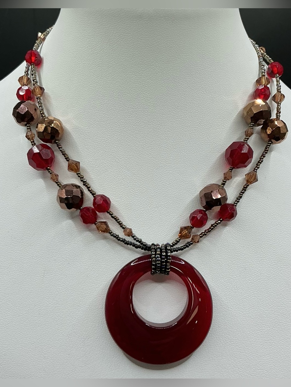 LIA SOFIA RED AND COPPER BEAD BOHEMIAN DOUBLE STRAND ROUND PENDANT NECKLACE